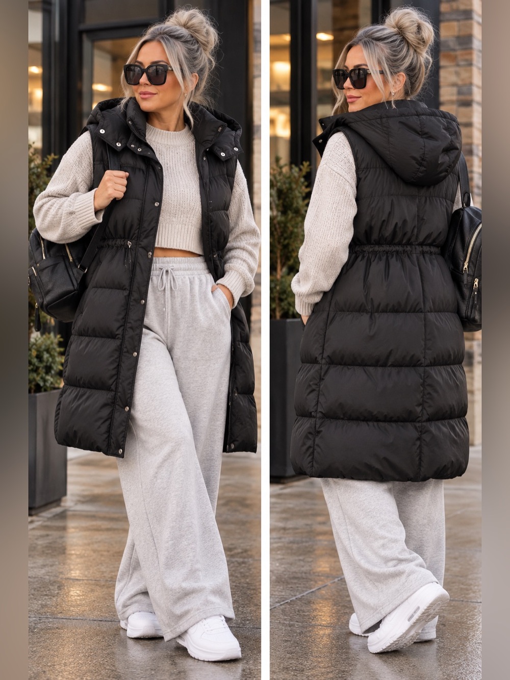 SHEIN CURVE+ Curve Plus Size Long Hooded Black Winter Vest Jacket